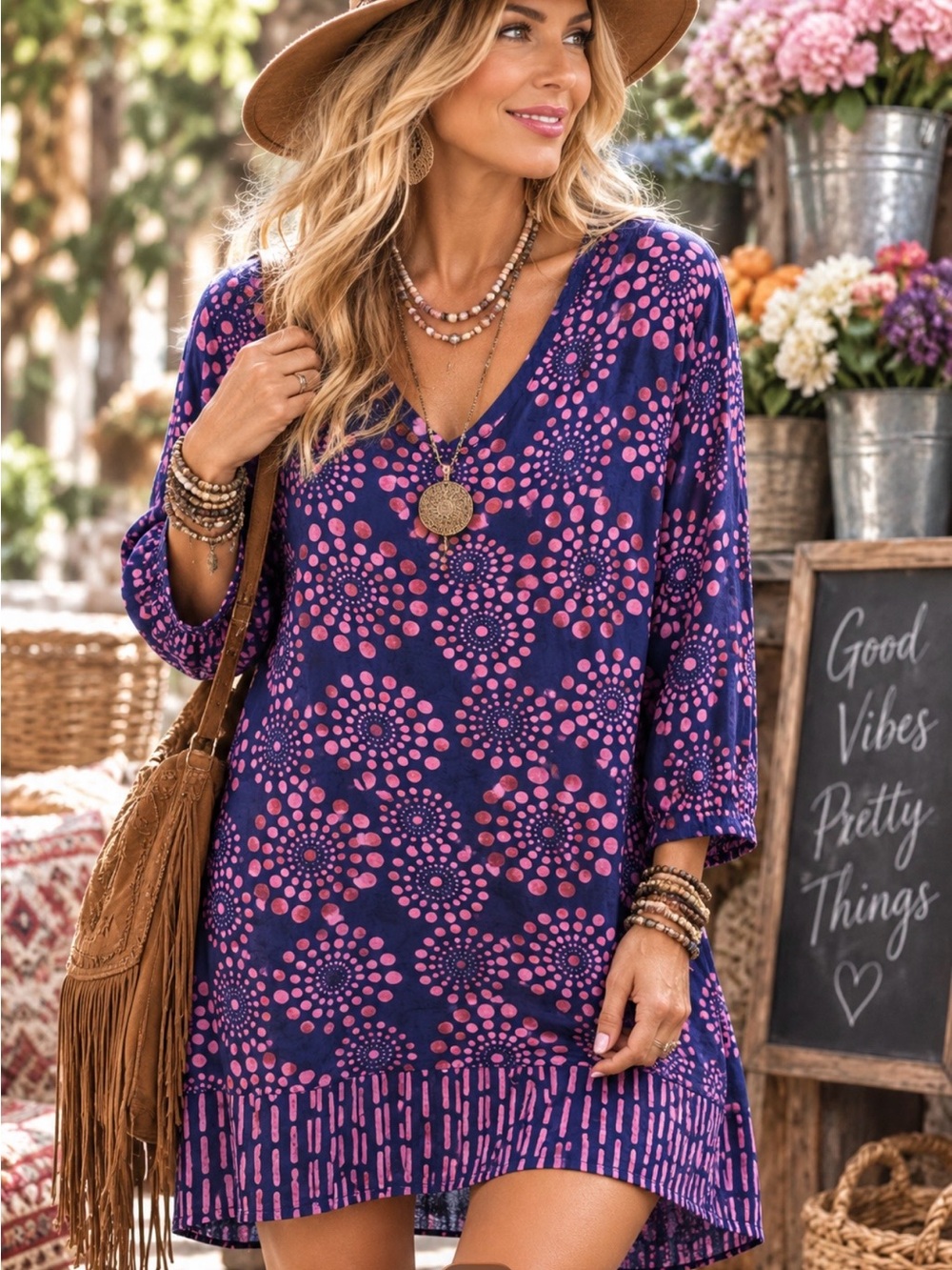 Soft Surroundings Navy Pink Batik Print Tunic Dress S Boho V-Neck 3/4 Sleeve